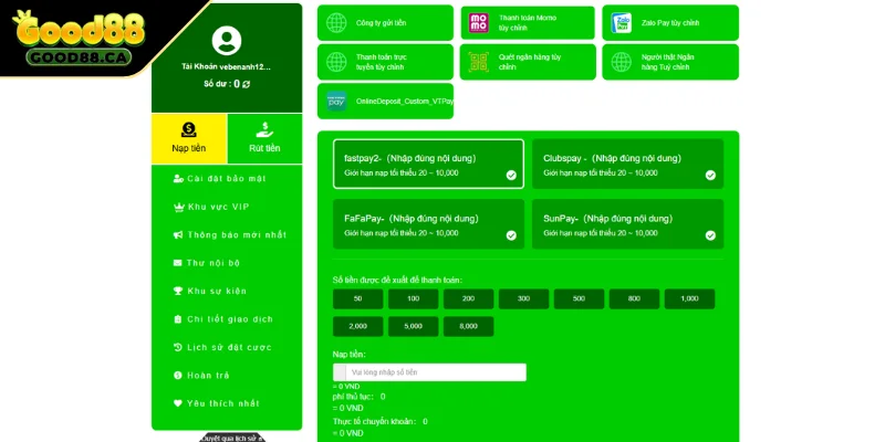 Nạp tiền GOOD88 bằng ví Momo